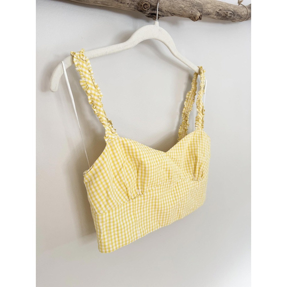 ZARA‎ Yellow Gingham Ruffle Crop Top Sweetheart Neckline Smocked Back Size L